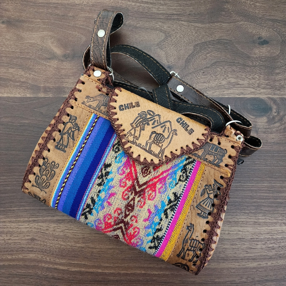 Chile Burned Leather Canvas Embroidered Crossbody Bag
